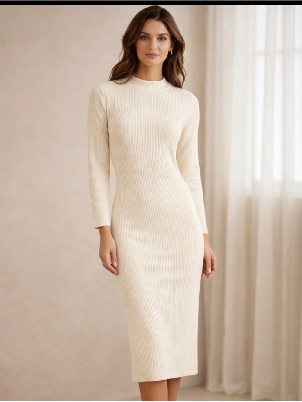 Bobi Los Angeles Cream Ribbed Midi Dress – Minimalist Knit